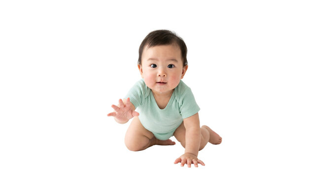 An adorable baby boy, full of curiosity and charm, crawls forward with a bright smile. His innocent gaze and chubby cheeks capture the essence of early childhood exploration and joy.