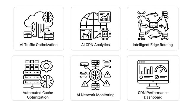 AI and CDN Network Infrastructure Line Icons Set