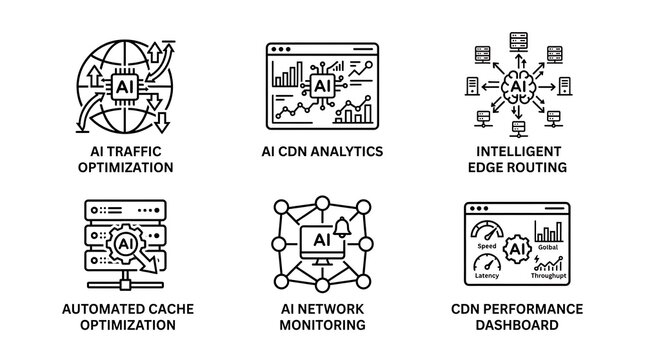 AI CDN and Network Optimization Line Icon Set