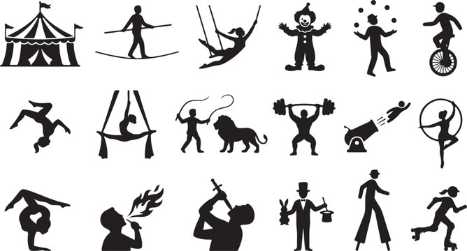 Set of black circus performance featuring a big tent, acrobats, a clown, a lion tamer, a juggler, a unicyclist, a fire breather, a magician, and various aerial and gymnastic stunts