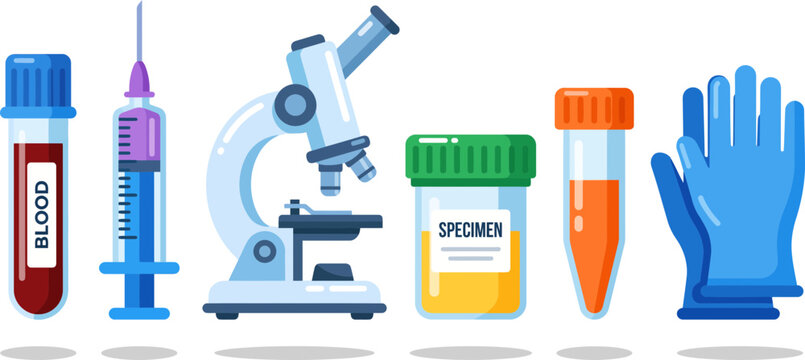Medical diagnostic laboratory equipment set featuring colorful vector illustrations of blood vials syringes microscopes specimen jars and blue rubber gloves