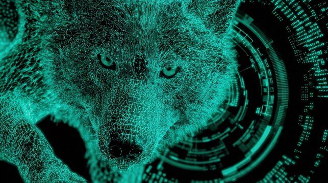 Fierce Alpha Wolf Emerges from Swirling Digital Quantum Energy in a Futuristic Cyberpunk Portrait