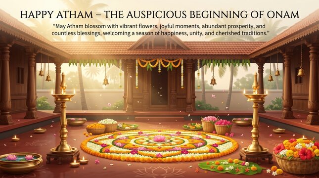 Atham festival greeting with traditional kerala architecture, pookalam floral rangoli, brass oil lamps, and hanging bells in a courtyard setting