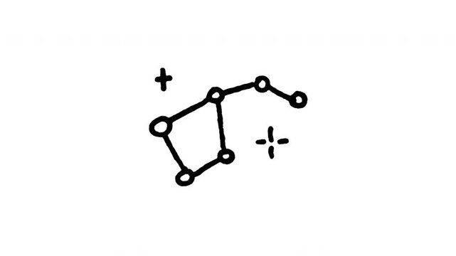 4K hand drawn Big Dipper constellation icon featuring boiling line animation. Frame by frame line art on black and green screen backgrounds for Ursa Major stars, astronomy night sky map edits.