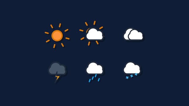 Animated Weather Icons Set Featuring Sun Clouds Rain and Storm Symbols.