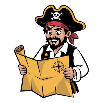 Cartoon pirate captain looking at treasure map finding location with treasure