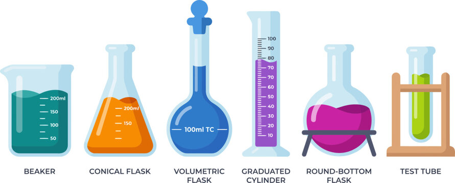 Laboratory glassware collection featuring various colorful science equipment like beakers and flasks in a clean flat vector graphic design style