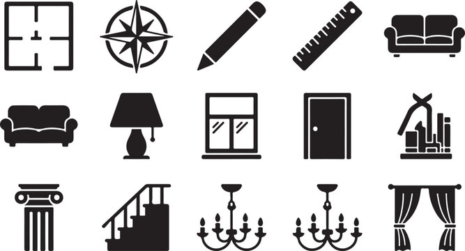 Set of black silhouette representing architecture, interior and home construction including furniture, lighting, structural components, and drafting tools on white background