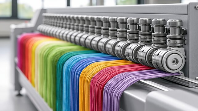 Close-up of Colorful Threads Being Processed by Industrial Textile Machinery in a Modern Factory