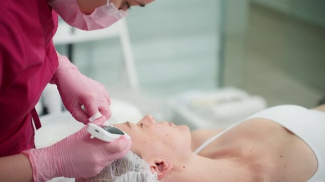 Close-up of beauty specialist providing  facial skincare session using cosmetic equipment in a beauty clinic. Cosmetic skin therapy, healthy skin, wellness, self-care and aesthetic treatment concept