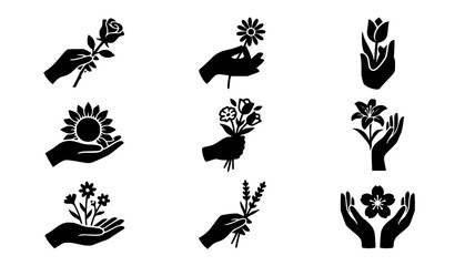 Fototapeta premium Modern abstract generic hand gestures holding flowers symbol vector clipart set with minimalist clean outline unbranded spa brand floral hand monogram and cosmic botanical logo graphics black and whit