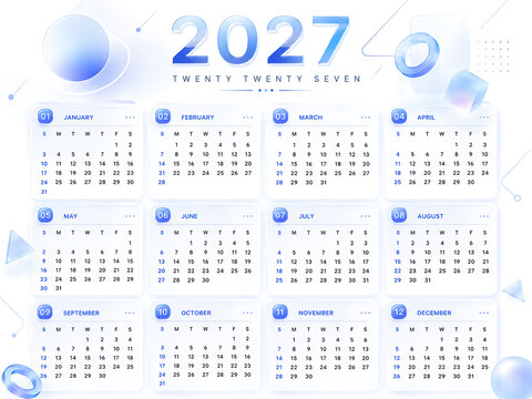 2027 calendar template with 12 months, modern blue 3D geometric background, annual planner for business and personal scheduling