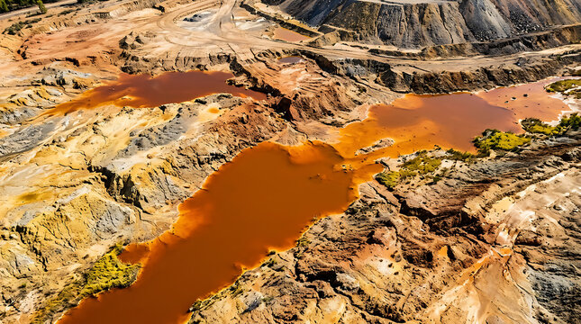 Aerial view of red river flowing through eroded canyon landscape.