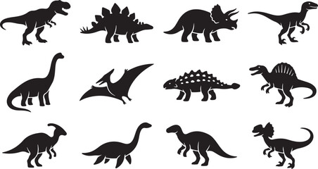 Set of twelve black dinosaur silhouettes featuring various prehistoric species including t-rex, triceratops, stegosaurus, pterodactyl, and brachiosaurus on a plain white background © Mollah