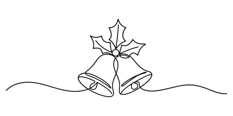 Continuous single line drawing of two christmas bells with holly berry leaves © Monibala