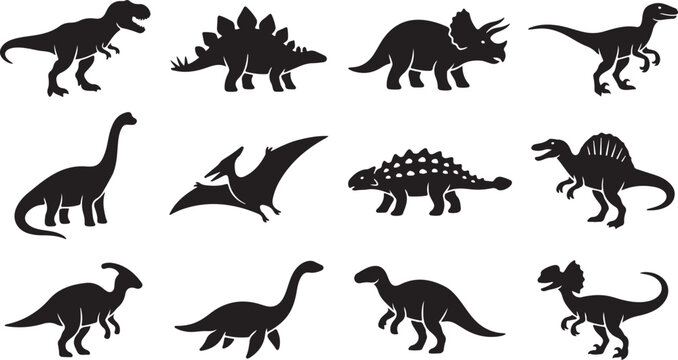 Set of twelve black dinosaur silhouettes featuring various prehistoric species including t-rex, triceratops, stegosaurus, pterodactyl, and brachiosaurus on a plain white background