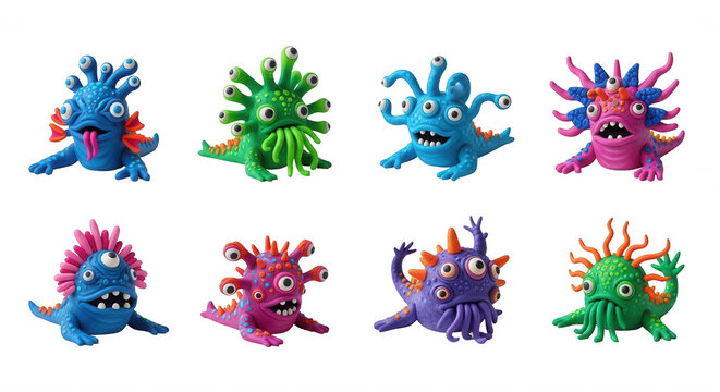 colorful clay monsters in various poses on a white background childrens books or educational content
