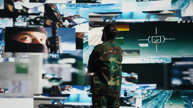 Military specialist studies drone and satellite imagery to locate hostile positions, supporting intelligence gathering, national defense and secure global operations.