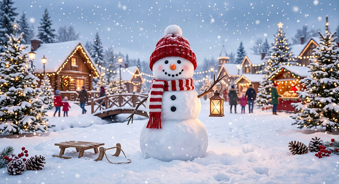 Boneco de neve sorridente usando um chap&eacute;u vermelho e cachecol combinando sob a neve caindo suavemente em um cen&aacute;rio de inverno festivo e alegre.