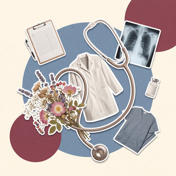 Doctors&rsquo; Day Appreciation Collage with White Coat, Stethoscope, Flowers and Medical X-Ray