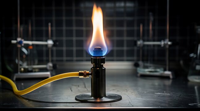 A Bunsen burner with a blue flame burning on a laboratory workbench.