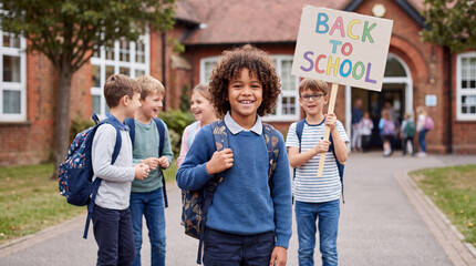 Obraz premium Back to school concept featuring a group of happy schoolchildren holding a banner on the playground. Back to school 1st September 