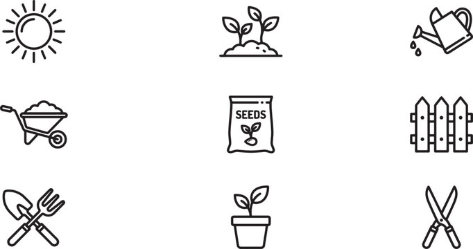 Collection of gardening and landscaping linear icons for nature and home growth
