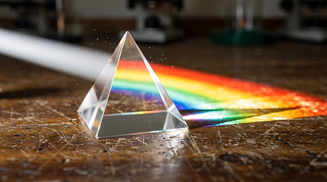 Glass prism refracting white light into a colorful rainbow spectrum on a wooden table.