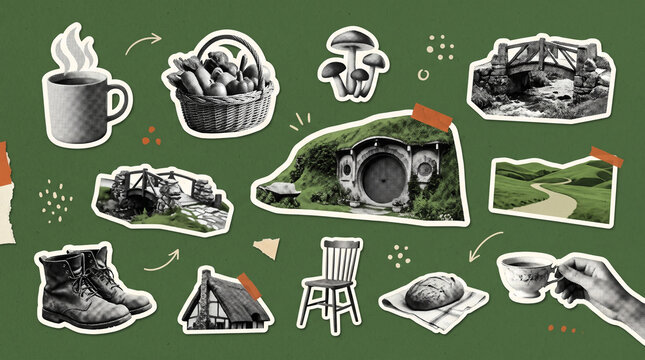 Cozy Woodland Fantasy Object Collage with Round Cottage Door, Mushrooms and Rustic Travel Comforts