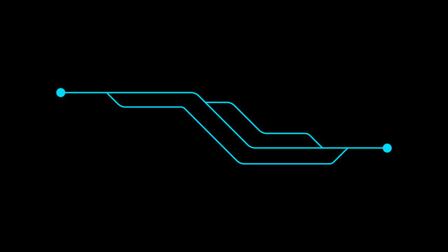 Linear circuit diagram with connected nodes bright cyan on black background electrical
