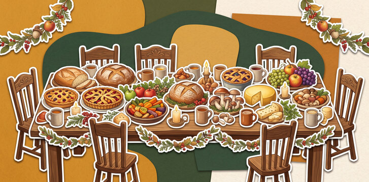 Cozy Fantasy Harvest Feast Table with Rustic Food Spread in a Storybook Celebration Scene