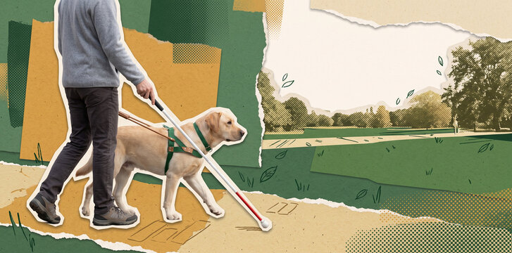 Visually Impaired Person Walking with a White Cane and Guide Dog for White Cane Day with Copy Space