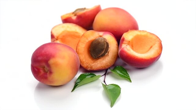 Apricots. Close-up of fresh organic apricot fruits isolated on white background. Fresh bio apricot with leaves, rotating.  