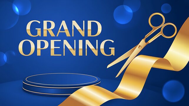 Grand Opening Banner Template with Golden Scissors and Ribbon on Blue Background