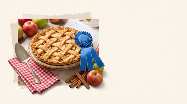 Prize-Winning Lattice Apple Pie with Blue Ribbon at a State Fair Food Contest and Wide Copy Space
