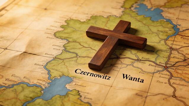Wooden cross on vintage map