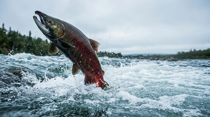 Fototapeta premium A vibrant salmon leaps dramatically out of turbulent river water during its spawning migration in a natural forested landscape.