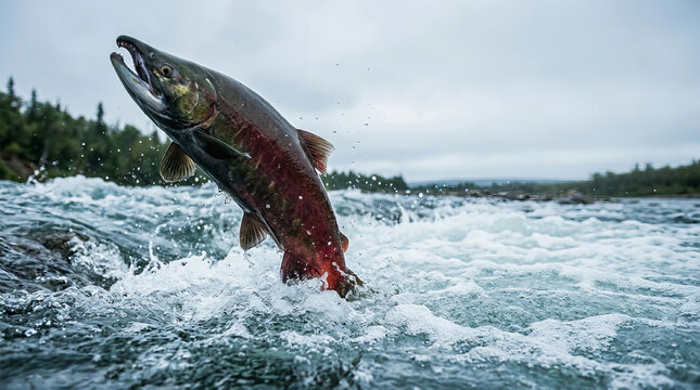 A vibrant salmon leaps dramatically out of turbulent river water during its spawning migration in a natural forested landscape.