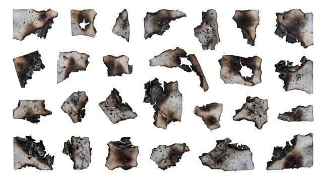 Collection of various burnt paper scraps with charred edges and holes isolated on transparent background isolated on transparent background
