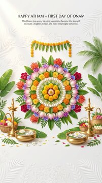 Floral pookalam rangoli with marigold flowers, lotus petals, brass oil lamps, and banana leaves for the first day of onam festival celebration