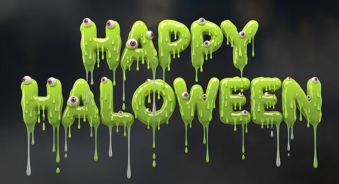 Happy hallowen text design with green slime dripping letters on dark background texture