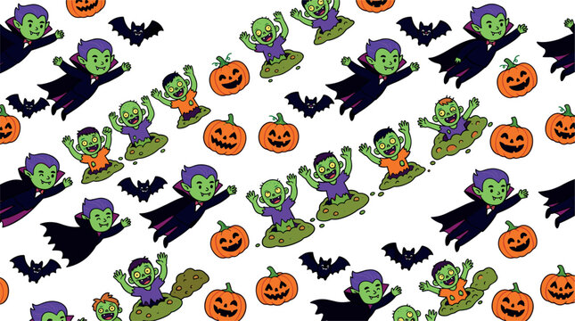 Vector cute cartoon halloween seamless pattern featuring flying vampire zombie pumpkin bat monster background