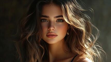Naklejka premium A beautiful, photorealistic woman with voluminous waves flowing over her back. Loose strands frame her heart-shaped face, accentuating high cheekbones, full lips, radiant skin, and warm, sparkling alm
