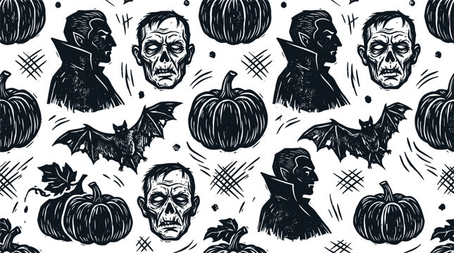 Vector hand drawn linocut halloween seamless pattern featuring vampire zombie pumpkin flying bat spooky monochrome woodcut background