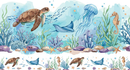 Watercolor ocean life seamless border vector illustration with sea turtle manta ray jellyfish and seahorse among coral reef seaweed for nursery wall design