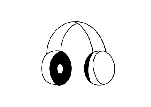Minimalist black and white line art of modern audio headphones, cute hand drawn music gadget doodle icon isolated on a white background.