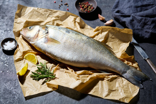 Fresh sea bass ready for baking: lemon, rosemary, salt and pepper set for a gourmet fish dish. Grey background. Close up.