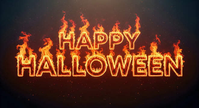 Fiery glowing text design for a spooky happy hallowen celebration on dark background