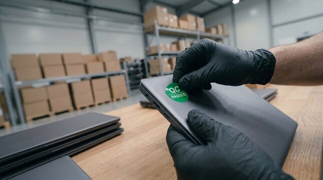 Close-up of a worker wearing black nitrile gloves applying a green QC Passed sticker onto a grey laptop lid during quality control inspection in a warehouse.