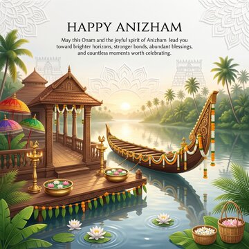 Happy anizham greeting card featuring a traditional wooden snake boat, a kerala-style pavilion, brass oil lamps, and floating lotus flowers on a calm river at sunrise